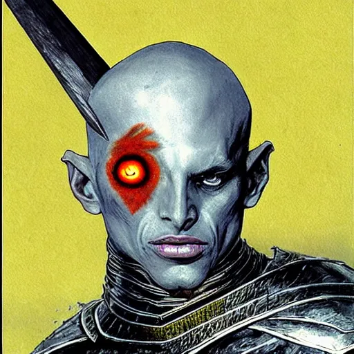 Image similar to ( ( ( head and shoulders portrait of a gaunt noseless yellow - skinned bald githyanki warrior in a breastplate, wielding a magical silver greatsword ) ) ), dave mckean, d & d, fantasy, medieval