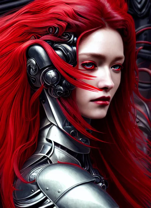 Image similar to a photorealistic detailed image of a beautiful stoic vampire in sci - fi bionic armor with flowing hair, black and red only, intricate, elegant, highly detailed, digital painting, artstation, concept art, smooth, sharp focus, illustration, art by hana yata, artem demura, alphonse mucha, octane render, unreal engine, 8 k