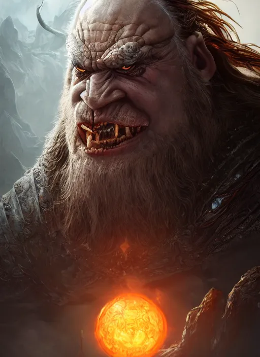 Image similar to ultra detailed fantasy ogre, elden ring, realistic, dnd character portrait, full body, dnd, rpg, lotr game design fanart by concept art, behance hd, artstation, deviantart, global illumination radiating a glowing aura global illumination ray tracing hdr render in unreal engine 5