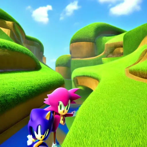Image similar to professional photo similar to green hills level of sonic, by discovery magazine, real life, photorealistic, soft focus, long exposure