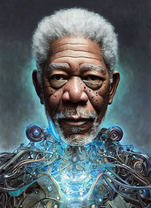 Prompt: morgan freeman as a organic cyborg, diffuse lighting, fantasy, intricate, elegant, highly detailed, lifelike, photorealistic, digital painting, artstation, octane render, illustration, concept art, smooth, sharp focus, art by john collier and albert aublet and krenz cushart and artem demura and alphonse mucha