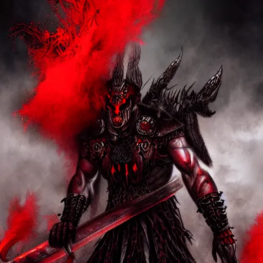 Prompt: epic chthonic ancient warrior black veins red demonic eyes, red smoke on the background by Boris Valejio, high detailed digital art