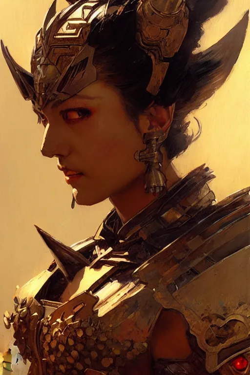 Image similar to metal armor geisha portrait dnd, painting by gaston bussiere, craig mullins, greg rutkowski, yoji shinkawa