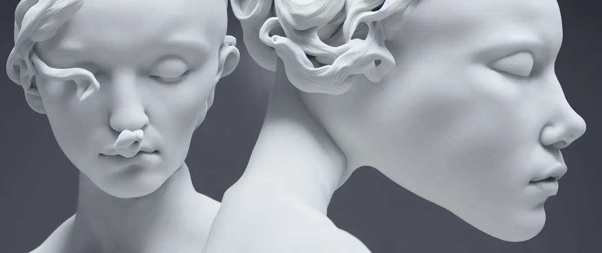 Prompt: symmetry!! full head and shoulders, beautiful female porcelain sculpture by daniel arsham and raoul marks, intricate, elegant, highly detailed, digital painting, artstation, concept art, smooth, sharp focus, all white features on a white background, delicate facial features