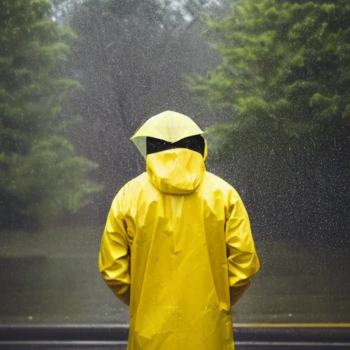 Prompt: award winning photograph of a man with a yellow jacket in the rain, extreme details, sharp focus