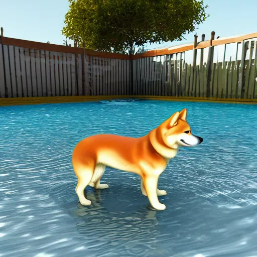 Prompt: Shiba Inu swimming, 3D render