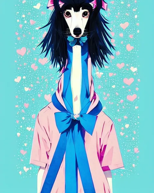 Prompt: cute borzoi anthro wearing a blue ribbon, city background, very anime!!! kawaii!! intricate details, aesthetically pleasing pastel colors, poster background, art by conrad roset and ilya kuvshinov