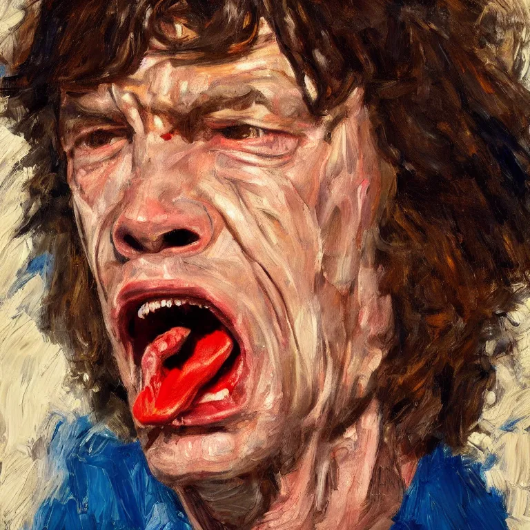 Image similar to warmly lit close up studio portrait of young furiously angry!! Mick Jagger in 1965 angrily singing, impasto oil painting thick brushstrokes by Lucian Freud and Cy Twombly and Tim Hawkinson , trending on artstation dramatic lighting Expressionism