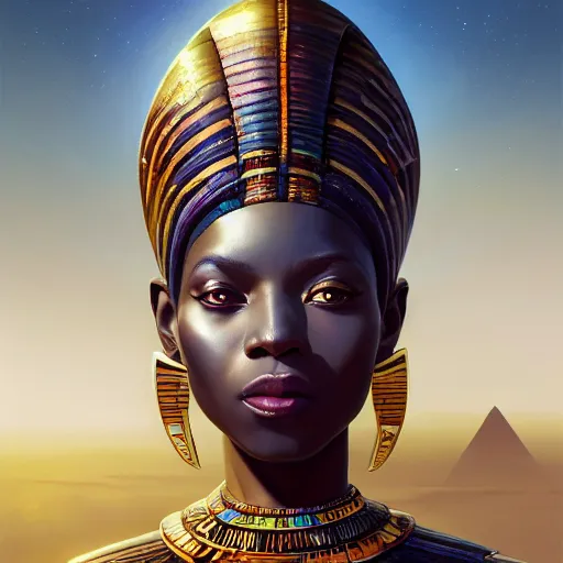 Image similar to highly detailed portrait of an african egyptian goddess, intricate alien technology, stephen bliss, unreal engine, fantasy art by greg rutkowski, loish, rhads, ferdinand knab, makoto shinkai and lois van baarle, ilya kuvshinov, rossdraws, tom bagshaw, global illumination, radiant light, detailed and intricate environment