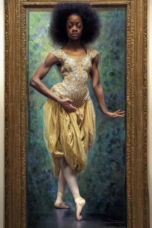 Image similar to portrait of a gorgeous graceful nubian prima ballerina, by donato giancola and berthold woltze.