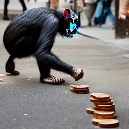 Image similar to a 5 0 mm photo of a chimpanzee picking up pennies on a street in manhattan, breathtaking, detailed and intricate environment, hyperrealistic