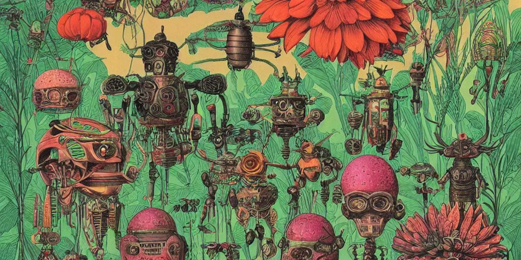 Image similar to vintage grainy scifi style, gigantic heads floating above huge insects, tiny robots, a lot of exotic flowers and plants, risograph!!!, flat surreal design, super - detailed, a lot of tiny details, fullshot, by codex seraphinianus