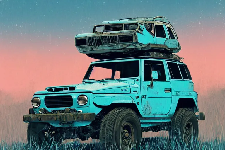 Image similar to digital illustration of a futuristic faded cyan mad max's fj 4 0 decrepit!!!! pursuit special, rusty!!! cyberpunk nissan fj cruiser heavily modded 1 9 9 0 s, the last v 8 interceptor by makoto shinkai, ilya kuvshinov, lois van baarle, rossdraws, basquiat