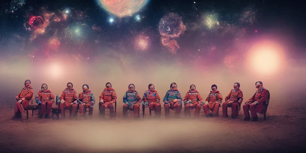 Image similar to twelve cosmonauts sitting by the river with a big holiday cake + octane render + ue 5 + planets and stars + mystical fog + psychedelic colors + super detail, high quality