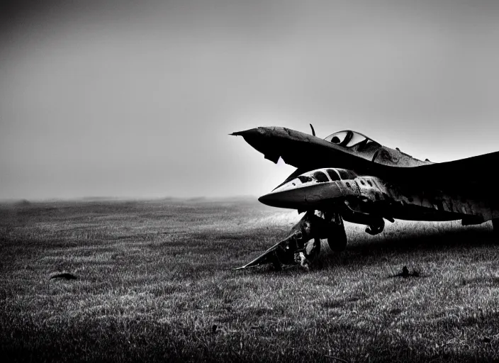 Prompt: black and white photograph of a crashed abandoned fighter jet in kansascity, rainy and foggy, soft focus