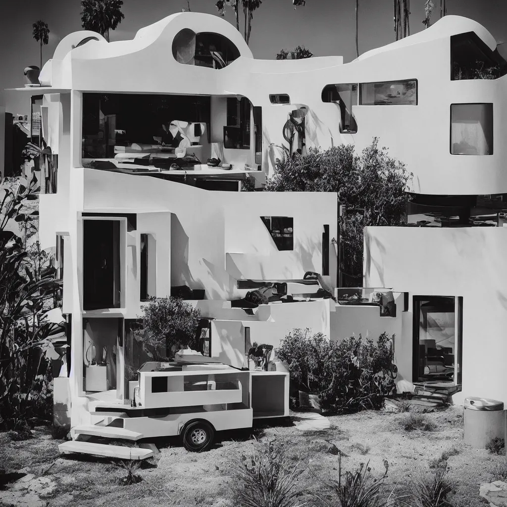 Image similar to “A perfectly centered beautiful black and white 24mm photo of mid-century retro-futuristic tiny house in Los Angeles”