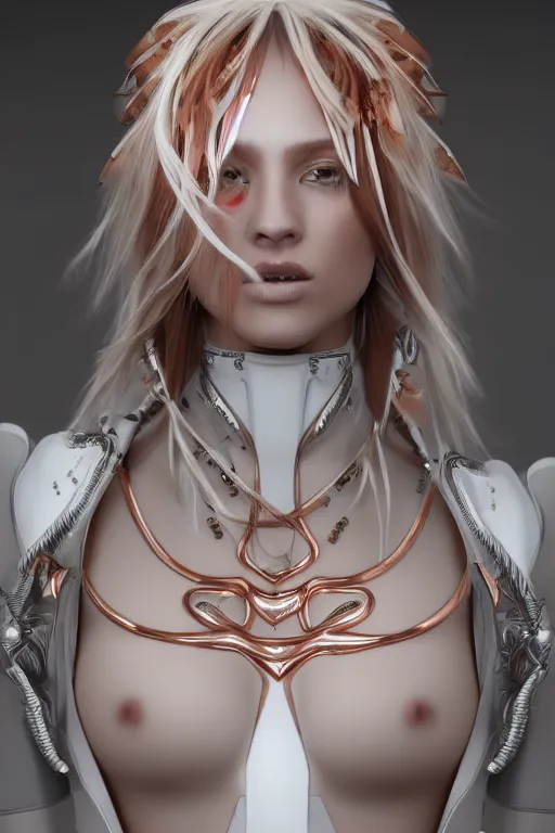 Image similar to white cyborg fashion shot, copper spiral hair decorations, white elegant baroque design, pretty face, photorealistic, 8k, hyper detailed, unreal engine, trending on artstation,