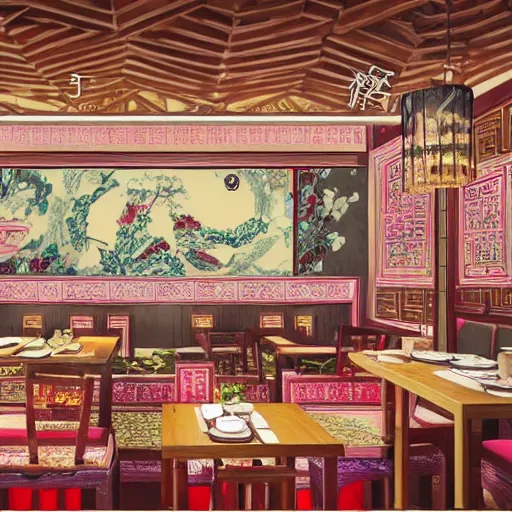 Image similar to a beautiful hyperdetailed 4 k hd wallpaper illustration interior of roasted string hotpot restaurant restaurant yan'an, wall painting, from china, with merchant logo, fine delicate structure, chinese style, victo ngai