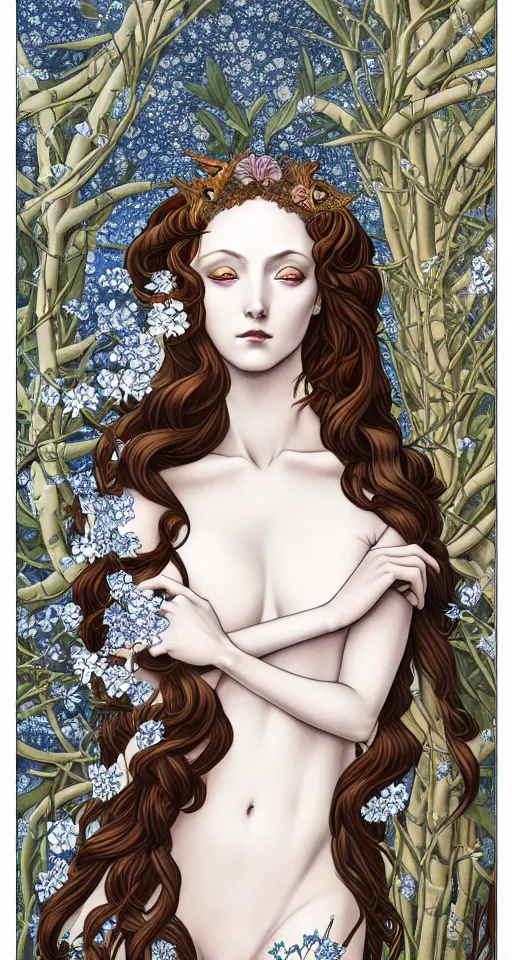 Image similar to the Goddess of Winter, in a mixed style of Botticelli and Æon Flux, inspired by pre-raphaelite paintings and shoujo manga, surrounded by flora and fauna, hyper detailed, stunning inking lines, flat colors, 4K photorealistic