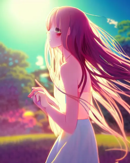 Image similar to anime style, vivid, full body, a cute girl with white skin and long pink wavy hair singing a song, heavenly, stunning, realistic light and shadow effects, happy, centered, landscape shot, happy, simple background, studio ghibly makoto shinkai yuji yamaguchi