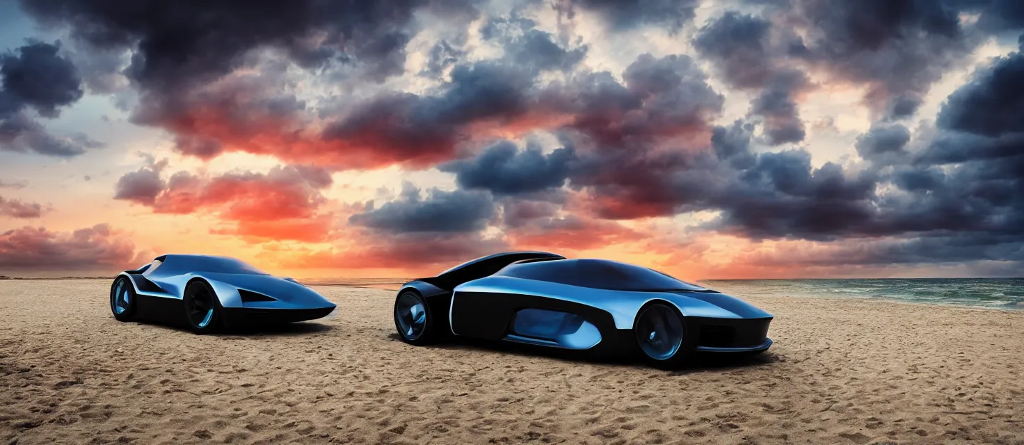 Prompt: futuristic luxury car from the year 2052, professional studio photography, award winning, dramatic lighting, clouds, colorful sunset, at the beach