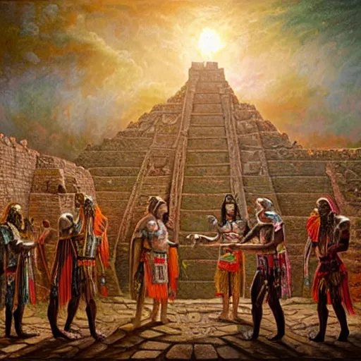 Prompt: pacal Votan and Aztec priests greeting aliens in an ancient Aztec temple. Highly detailed oil painting by Tom rutkowski