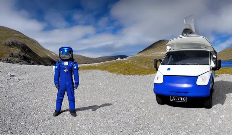 Prompt: astronaut tourist wearing blue space suit, standing in the Isle of Harris, Scotland, a futuristic metallic campervan in the background, wide angle lens, photorealistic