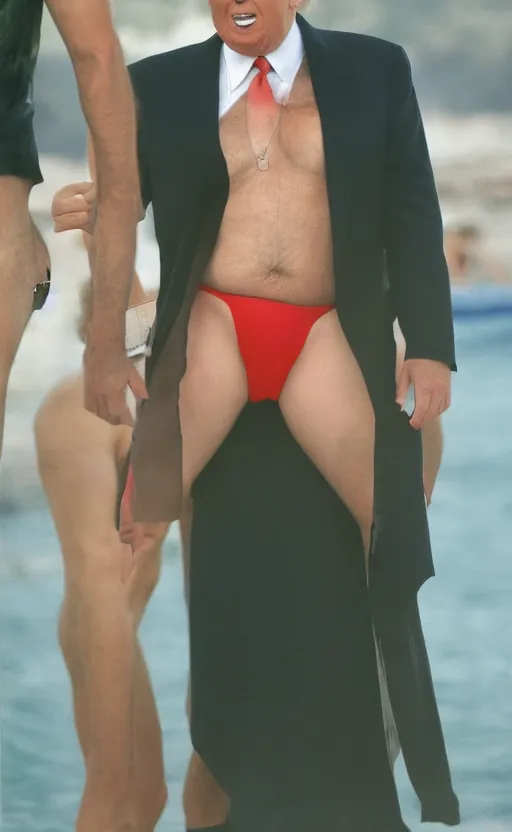 Image similar to high quality photo of donald trump in a borat mankini. hq. hd. award winning