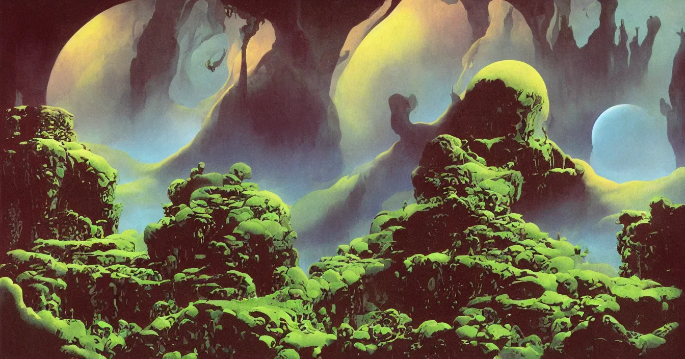 Image similar to a deep wide dark abyss, world of the silence, emptiness and peace, still moment, digital art, by roger dean