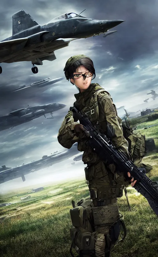 Prompt: girl, trading card front, future soldier clothing, future combat gear, realistic anatomy, war photo, professional, by ufotable anime studio, green screen, volumetric lights, stunning, military camp in the background, metal hard surfaces, generate realistic face, small black shaded glasses, strafing attack plane