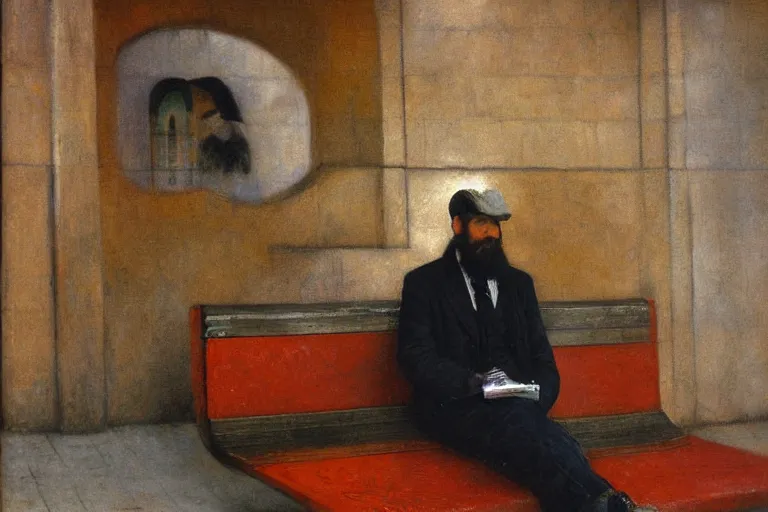 Image similar to portrait of a bearded young man sitting alone on a bench in a subway station, glowing with silver light, color by Franz Marc, highly detailed architecture by Jean-Léon Gérôme, by Winsor McCay, today's featured photograph, 16K