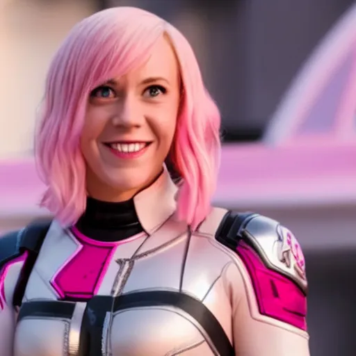 Image similar to A still of Gwenpool in Deadpool 3 (2023), blonde hair with pink highlights, no mask, white and light-pink outfit, smiling and winking at the camera