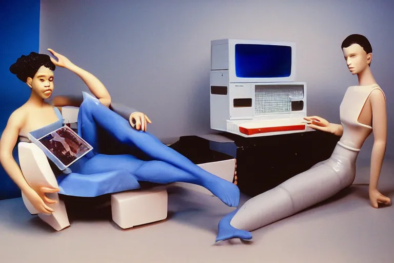 Image similar to an extremely realistic life-sized computer mainframe made of porcelain, beautiful model made of plastic sitting on a starry blue couch, from 1985, bathed in the glow of a crt television, low-light photograph, in style of Tyler Mitchell