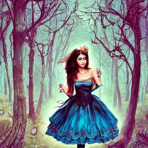 Image similar to anushka sharma as alice in wonderland. comic book style. gothic. forest background. hyperrealistic. artist android jones.