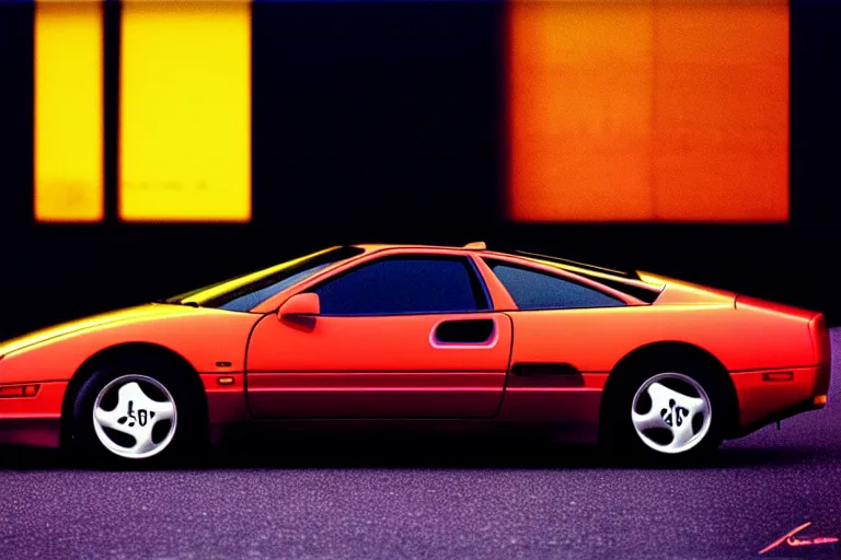 Prompt: designed by giorgetto giugiaro stylized poster of a 1 9 9 0 nissan 3 0 0 zx with thick neon lights as an ektachrome photograph with volumetric lighting cinematic eastman 5 3 8 4 film