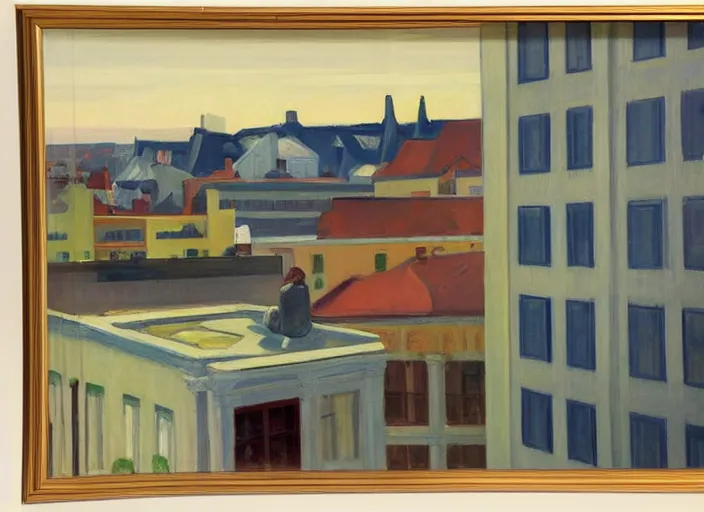 Prompt: a view of a finnish town from a hotel window in the afternoon, oil painting by edward hopper