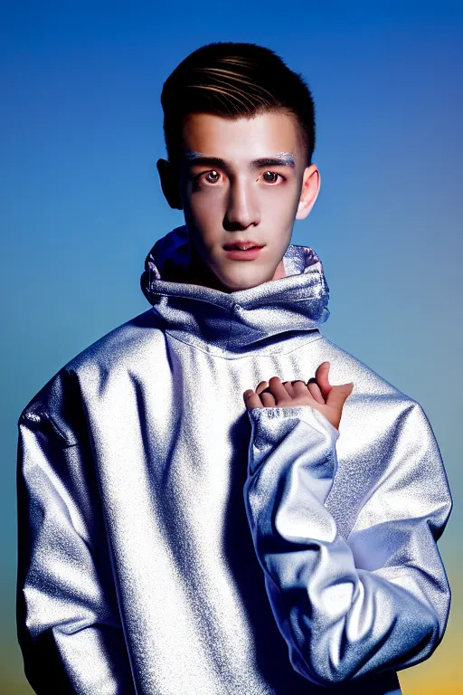 Image similar to un ultra high definition studio quality photographic art portrait of a young man standing on the rooftop of a british apartment building wearing soft baggy inflatable padded silver iridescent pearlescent clothing. three point light. extremely detailed. golden ratio, ray tracing, volumetric light, shallow depth of field. set dressed.