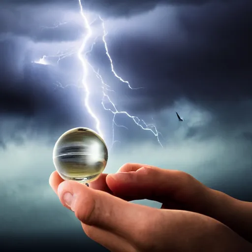 Image similar to hand holding a crystal ball filled with dark storm clouds and lightning