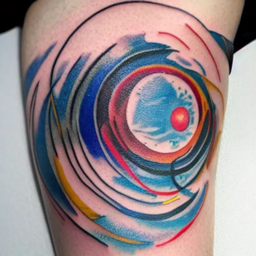 Image similar to tattoo design of abstract solar system with orbits and planets, thin lines of ink with colors