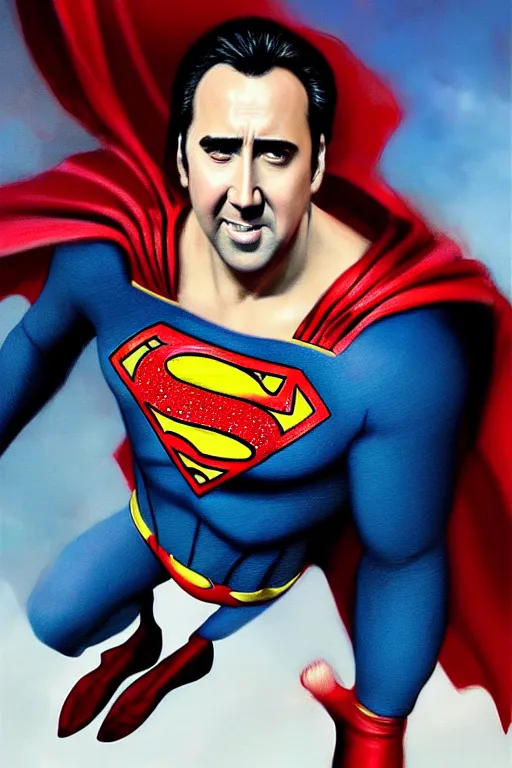 Prompt: high quality extremely detailed portrait of nicolas cage as superman looking away from the camera, detailed eyes, sparkle in eyes, no hands visible, intricate, painting by greg rutkowski and mark brooks, hd