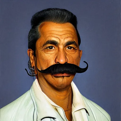 Prompt: front medium portrait of a middle - aged mexican man, moustache, wearing a leather jacket, blank background, rembrandt lighting, detailed, by kehinde wiley, kadir nelson, andrew wyeth