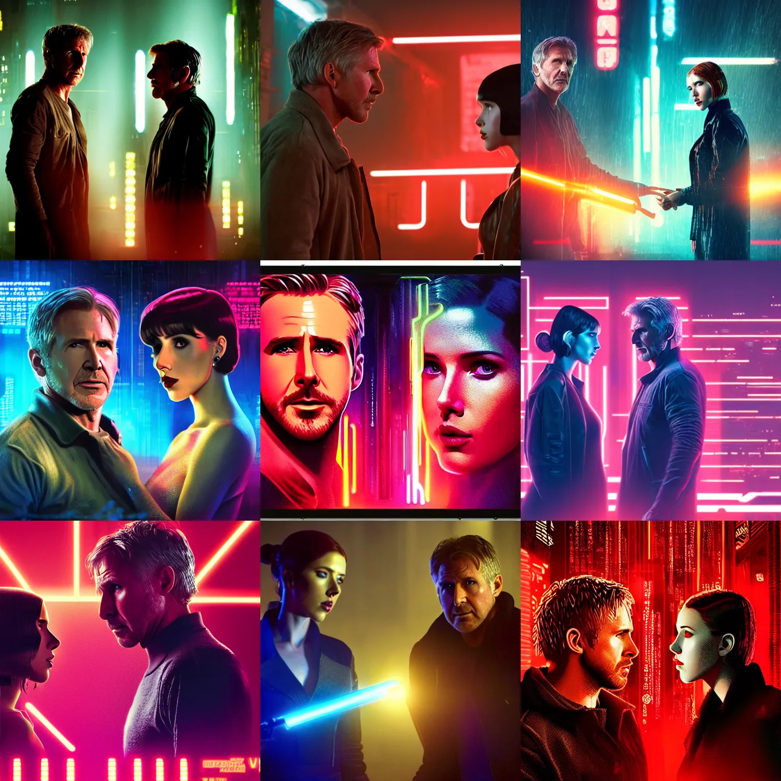 Prompt: harrison ford as ryan gosling, scarlett johansson as neon girl, looking one each to other in the scene with advertisement touch the blade runner 2049, neon art, 8k, shining eyes, cyberpunk atmosphere