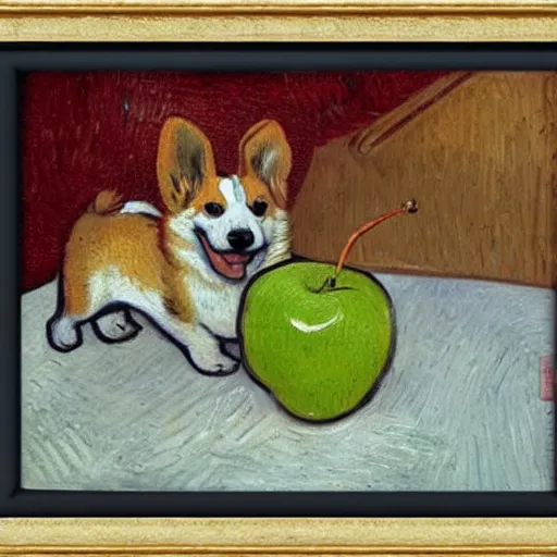 Image similar to corgi with an apple on its head, 4 k, by van gogh, realistic, high detail, concept art