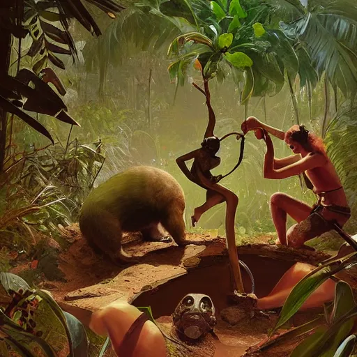 Prompt: Badger Archaeologists Digging a Hole Deep in the Amazon Jungle artwork by Sergey Kolesov, detailed, dynamic, cinematic composition