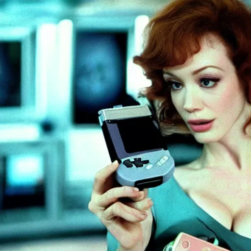 Image similar to a still of Christina Hendricks playing with a Gameboy, in the movie Lifeforce (1985), highly detailed and intricate, cinematic lighting, 8k remastered HDR