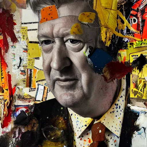 Image similar to hyperrealistic, photorealistic, mixed media oil painting of david lynch, magazine scraps, plaster, blood, oil, mustard, cigarettes, splatter, greg rutkowski, basquiat, ralph steadman, terry gilliam