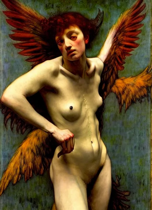 Image similar to harpy, full body, dnd character art portrait, dramatic lighting, vivid colors by edgar maxence and caravaggio.