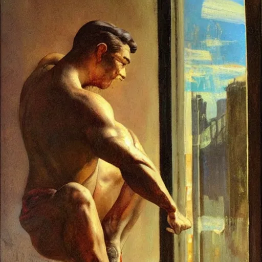 Image similar to a man looking out a window, frank frazetta,