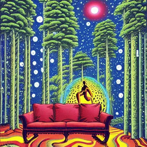 Image similar to psychedelic trippy couch pine forest, planets, milky way, sofa, cartoon by rob gonsalves