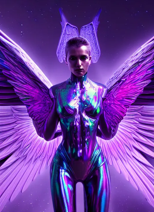 Image similar to a photo of 8 k ultra realistic female archangel with 6 wings, full body, intricate purple and blue hard surfaces, futuristic, science fiction themes, highly saturated colors, holographic undertones, overdetailed art, concept art, detailed illustration, hd, 4 k, octane rendered